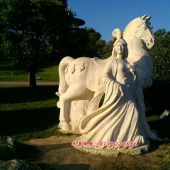 美女牽馬石雕，人物與馬雕塑