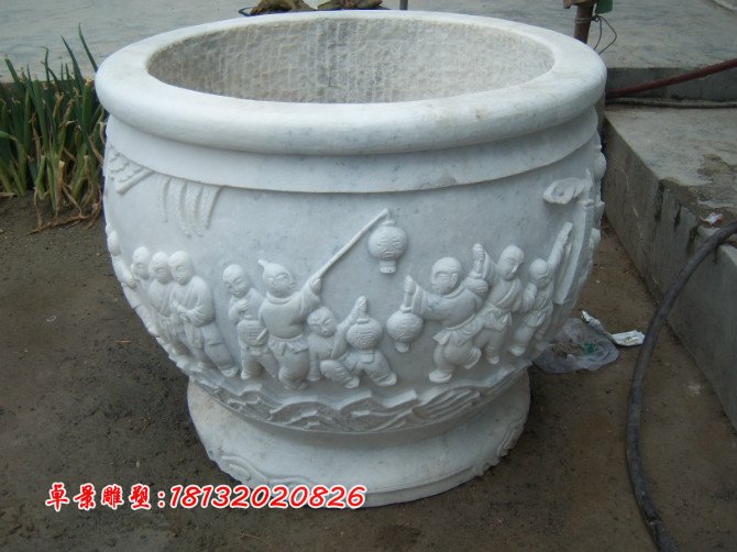 漢白玉花盆雕塑,白色石頭花盆 (2)