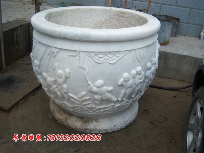 漢白玉花盆雕塑,白色石頭花盆 (1)