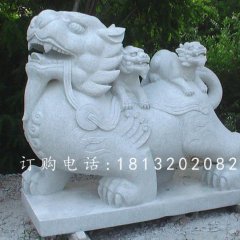 神獸石雕，大理石母子貔貅雕塑