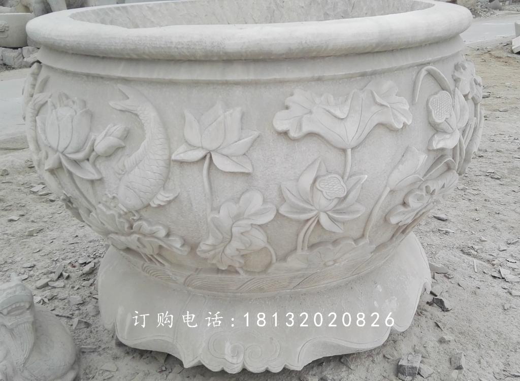 荷花與鳥花盆雕塑,水缸石雕 (1)