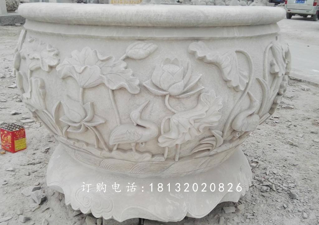 荷花與鳥花盆雕塑,水缸石雕 (2)