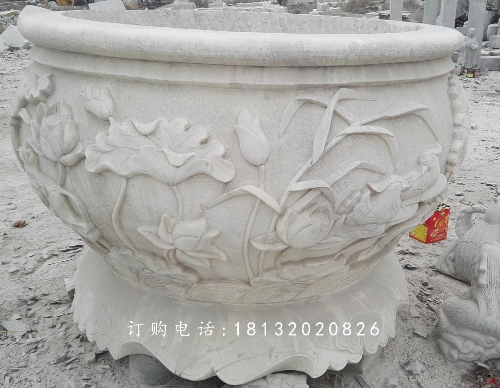 荷花與鳥花盆雕塑,水缸石雕 (3)