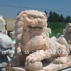 獅子滾繡球石雕,晚霞紅獅子雕塑