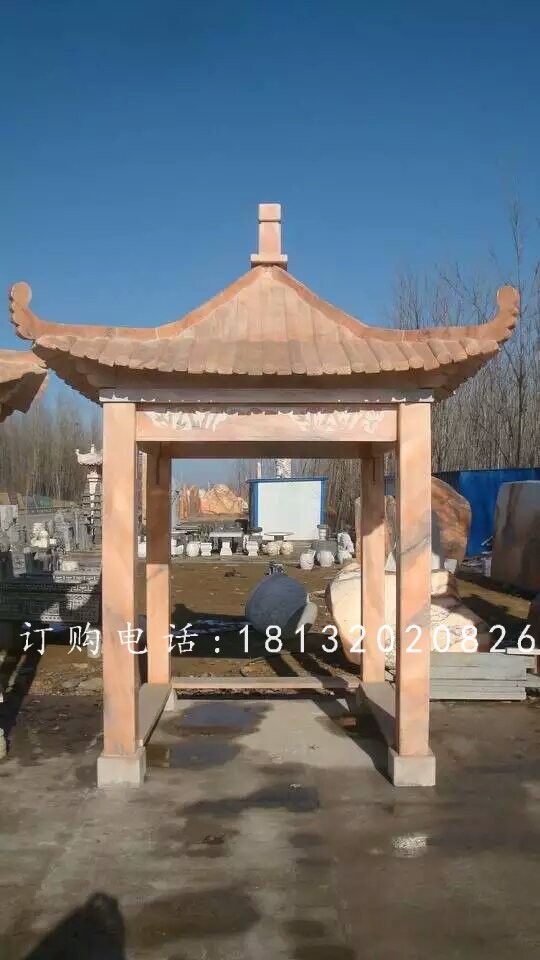 石方亭雕塑，晚霞紅石雕涼亭