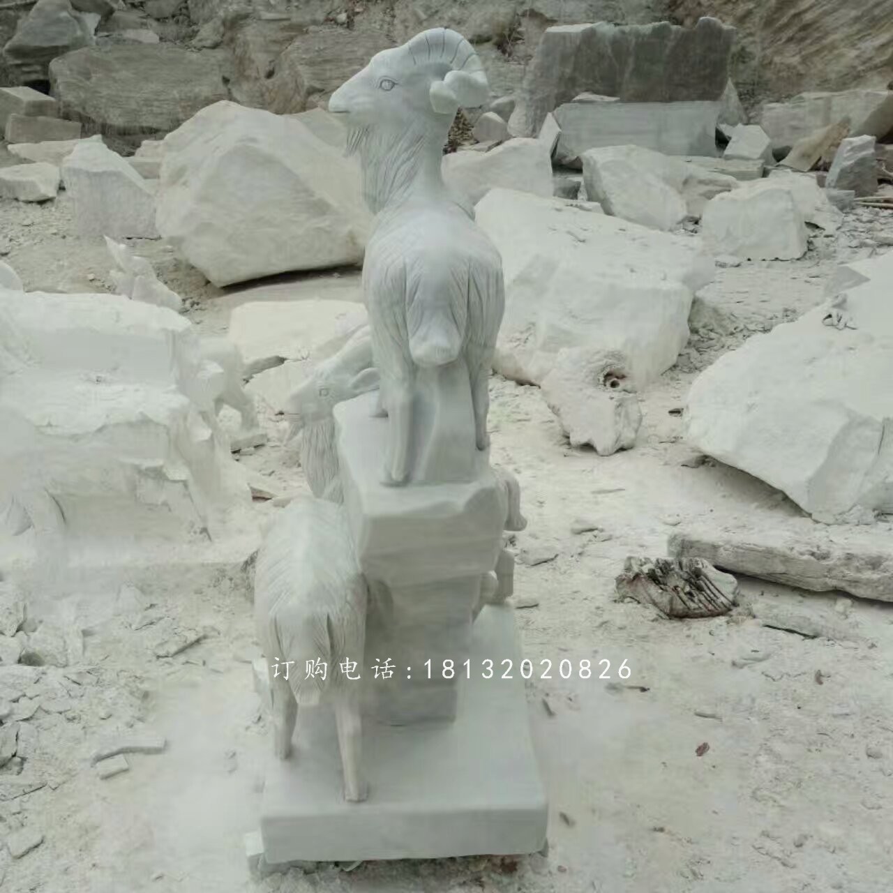 漢白玉山羊雕塑，石雕三羊開泰 (4)