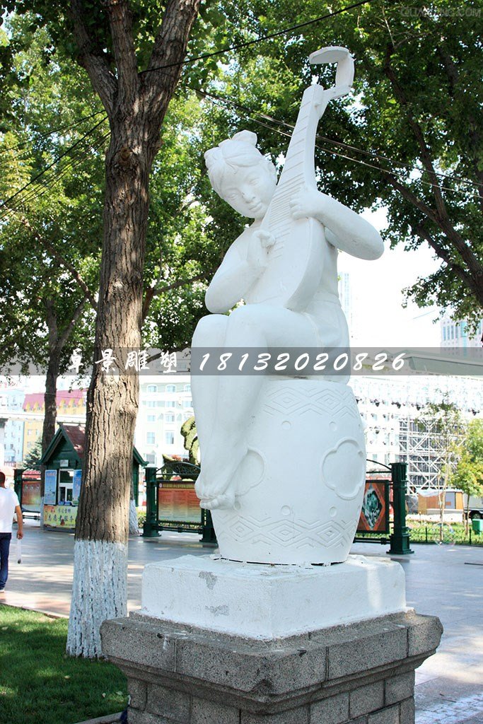 小女孩彈琵琶石雕，公園景觀石雕 (2)