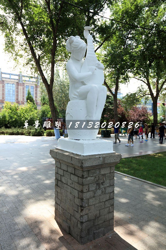 小女孩彈琵琶石雕，公園景觀石雕