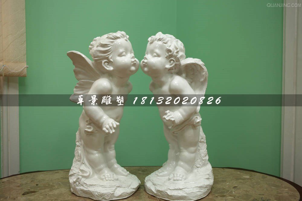 親吻小天使石雕，漢白玉小孩石雕
