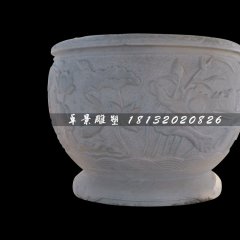 荷花浮雕水缸，圓形水缸雕塑