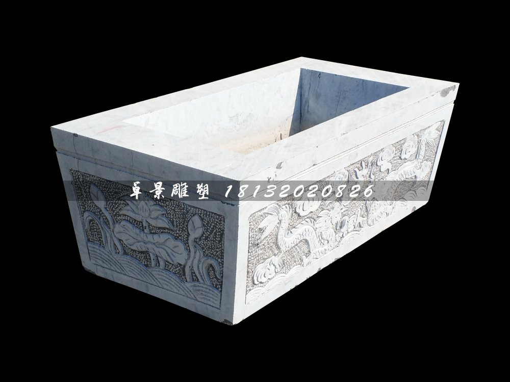 雙龍戲珠石浮雕水缸,方形水缸石雕 (2)