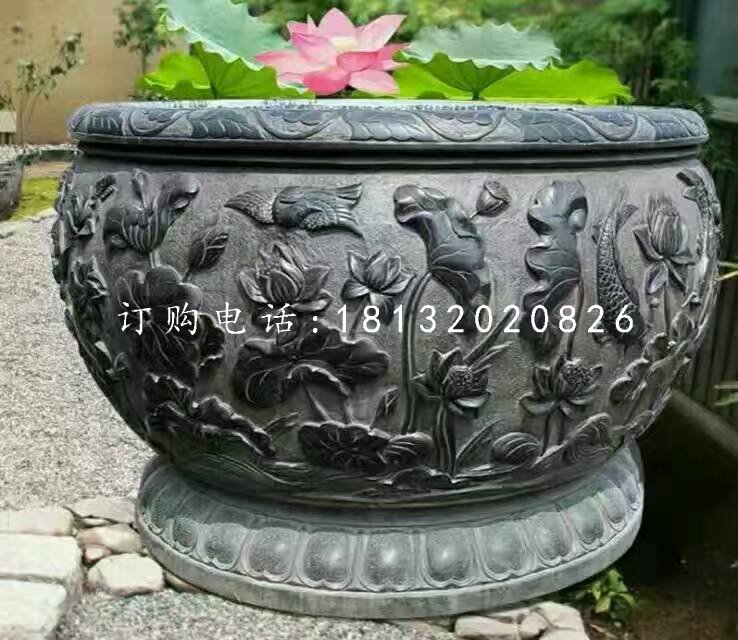 石水缸,荷花魚浮雕水缸