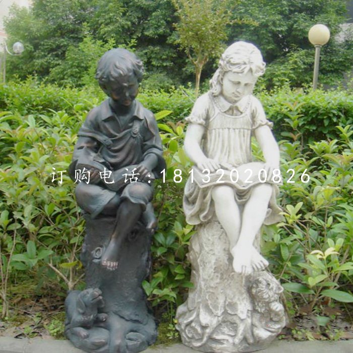 玻璃鋼人物雕塑，小孩看書雕塑