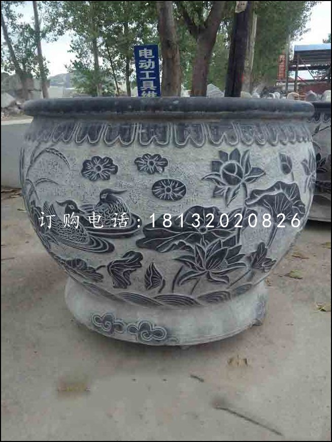 荷花石浮雕水盆,青石水缸
