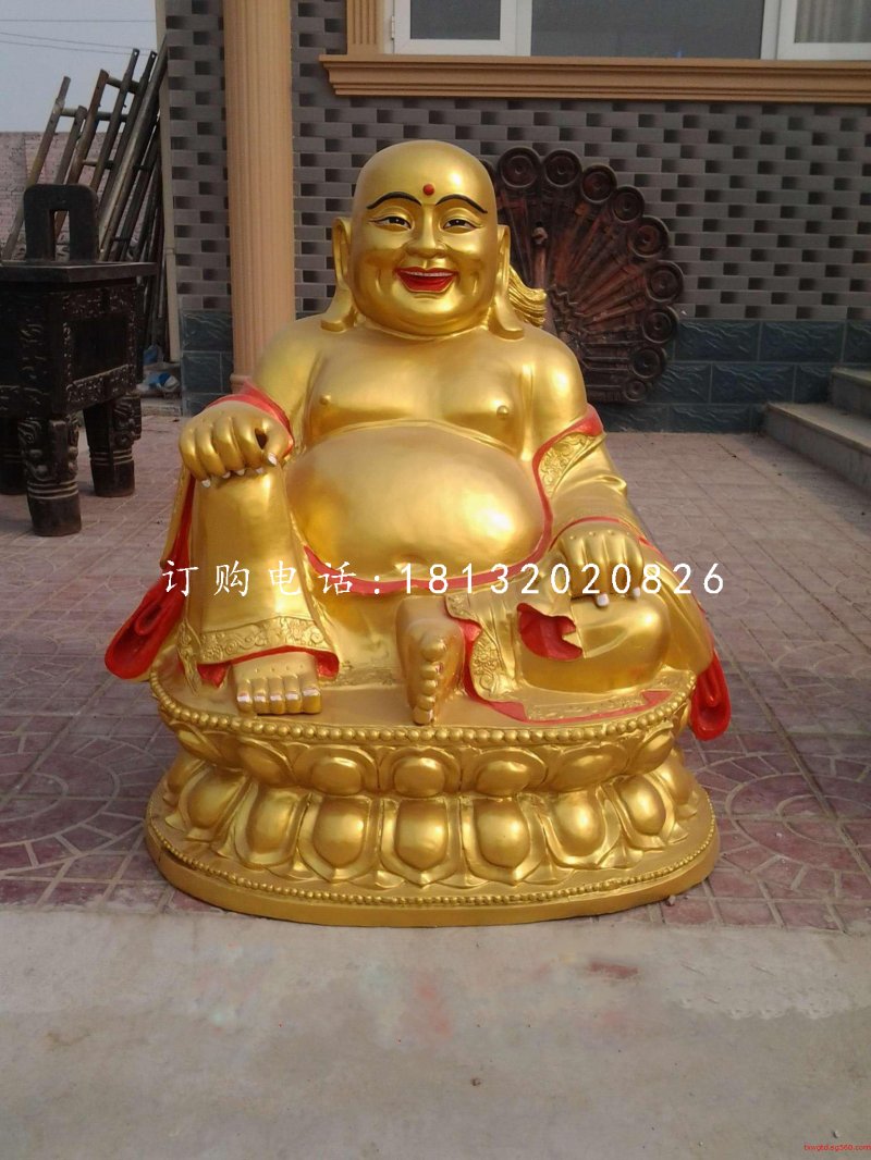 坐式彌勒佛雕塑，銅雕彩繪佛像