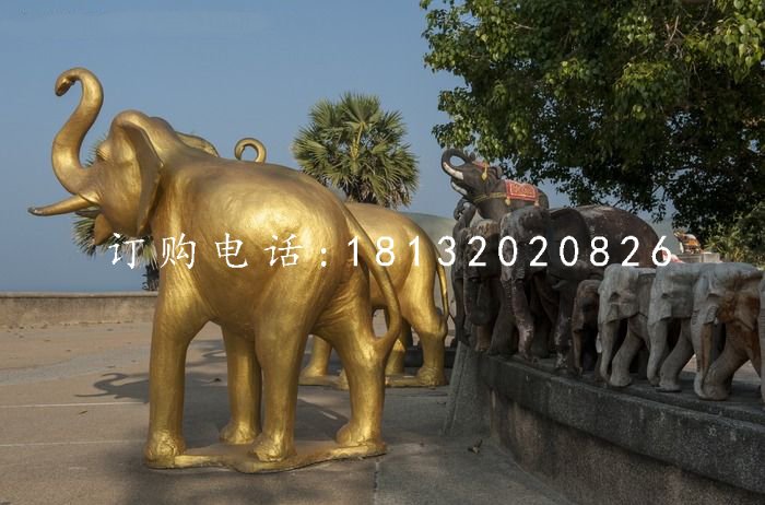 玻璃鋼金色大象，廣場動物雕塑