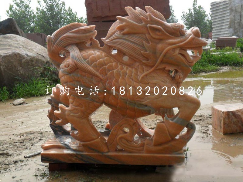 古代神獸石雕,晚霞紅麒麟雕塑 (1)