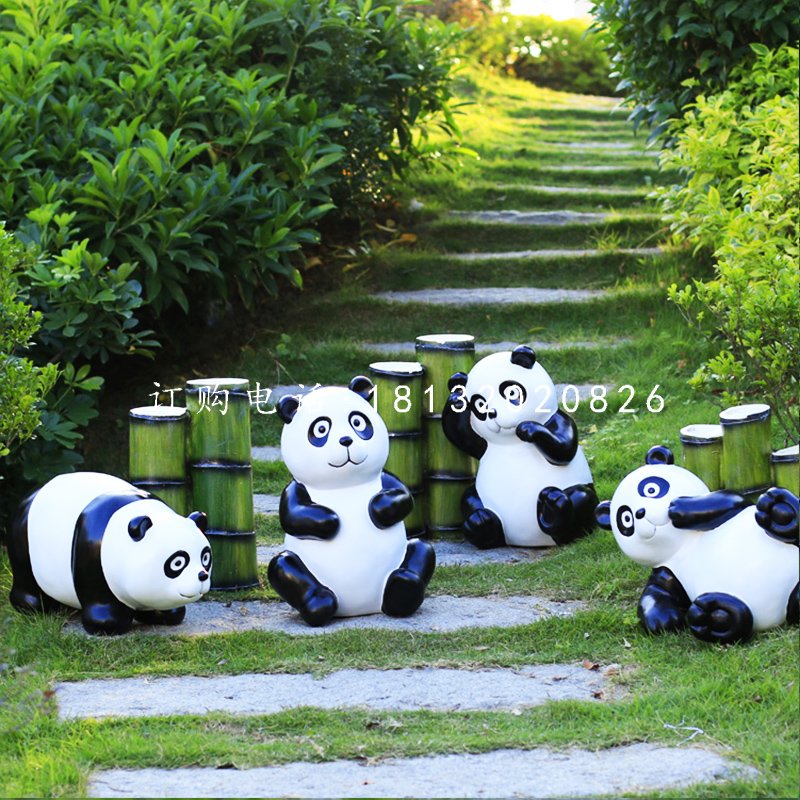 吃竹子的熊貓雕塑,玻璃鋼仿真動物雕塑