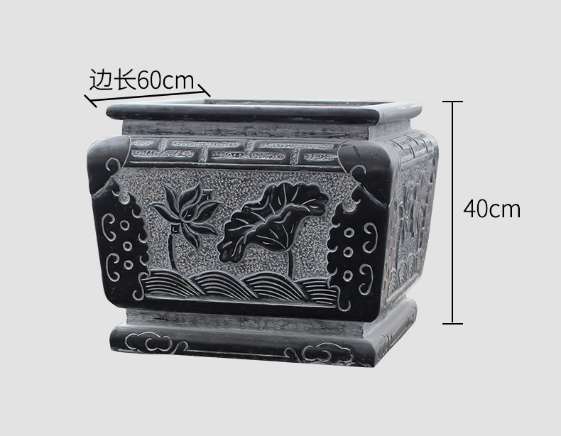 荷花浮雕水缸，青石浮雕水缸