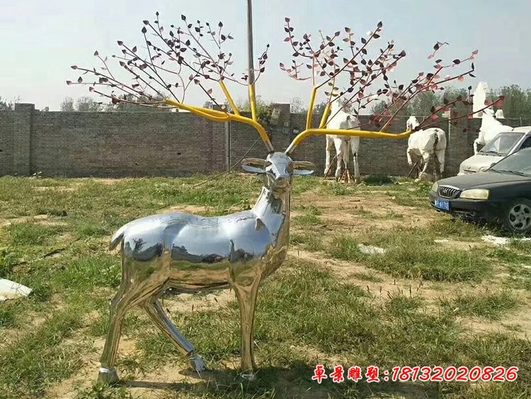 公園動物雕塑，不銹鋼鏡面鹿雕塑