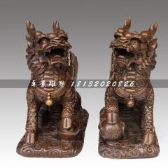 腳踩錢幣的麒麟銅雕,銅雕神獸