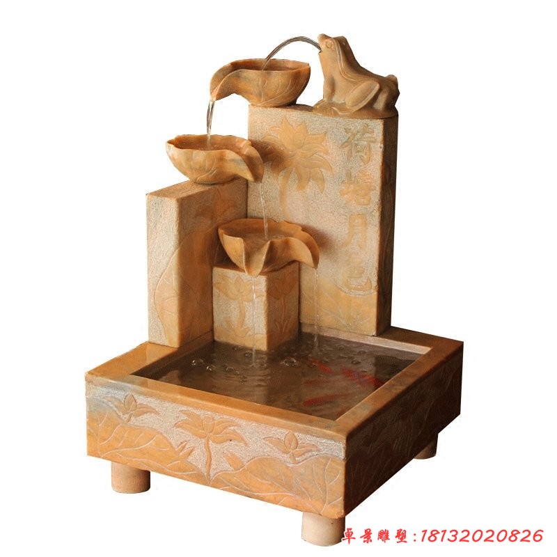 晚霞紅荷塘月色流水擺件，庭院流水石缽