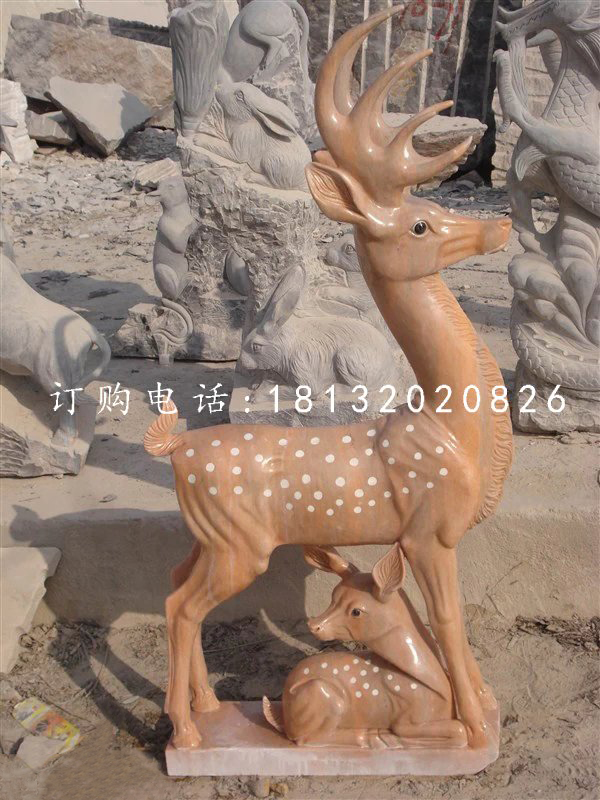 梅花鹿石雕,晚霞紅母子鹿石雕